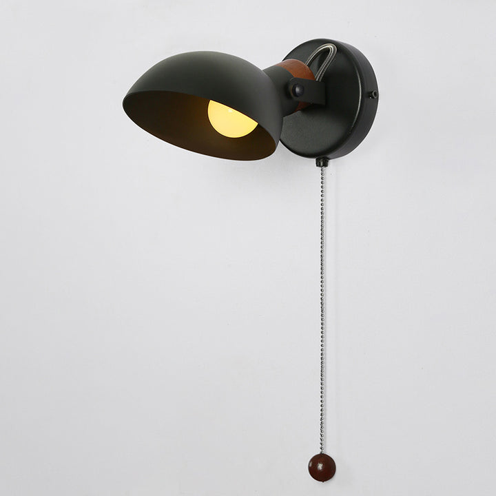 Aplique de pared de 1 luz con interruptor de cable giratorio de metal y madera redondo nórdico contemporáneo para mesita de noche 