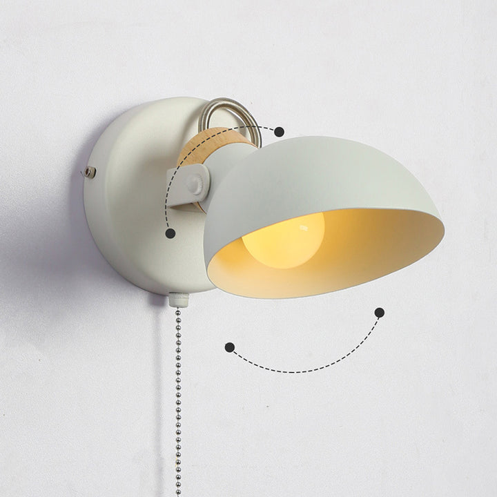 Aplique de pared de 1 luz con interruptor de cable giratorio de metal y madera redondo nórdico contemporáneo para mesita de noche 