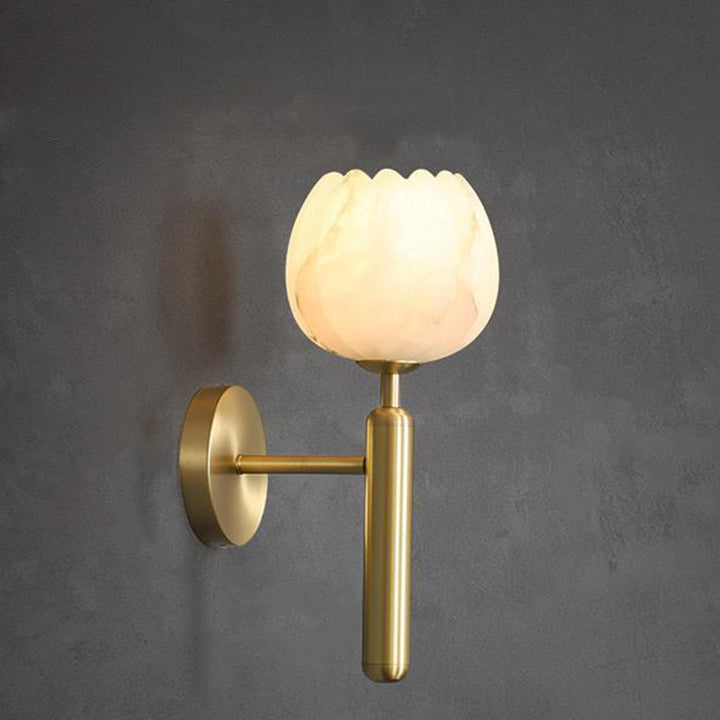 Traditional Chinese Copper Marble Flower Bud 1-Light Wall Sconce Lamp For Hallway