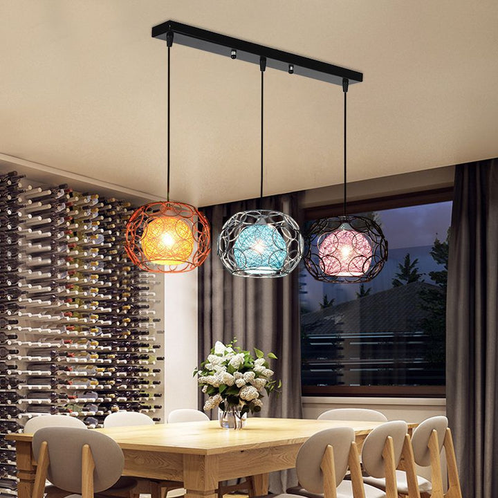 Contemporary Scandinavian Weaving Rattan Iron Circles Ball 1/3 Light Pendant Light For Dining Room