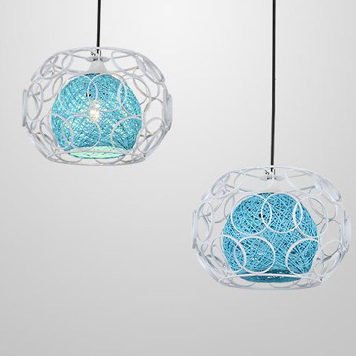 Contemporary Scandinavian Weaving Rattan Iron Circles Ball 1/3 Light Pendant Light For Dining Room