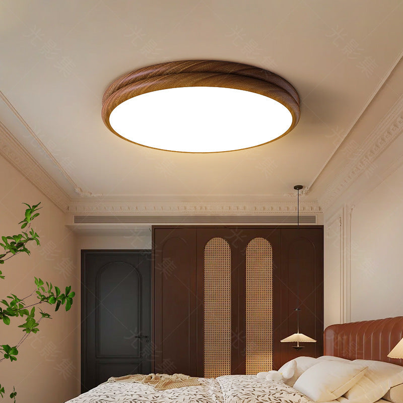 Plafonnier LED rond en fer acrylique rétro contemporain à grain de bois pour chambre 