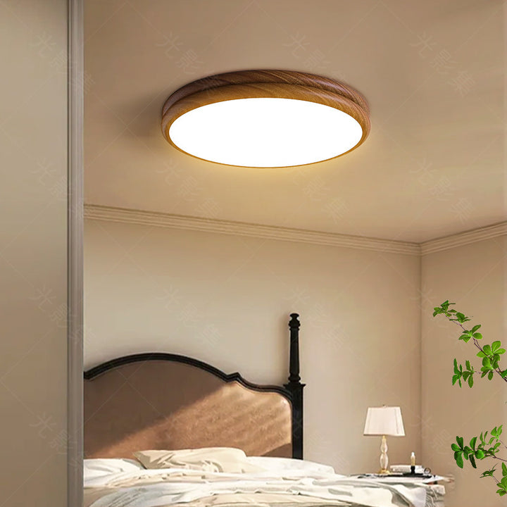 Plafonnier LED rond en fer acrylique rétro contemporain à grain de bois pour chambre 