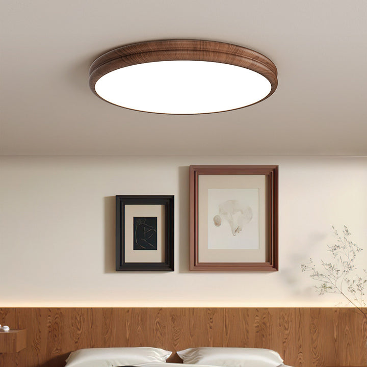 Plafonnier LED rond en fer acrylique rétro contemporain à grain de bois pour chambre 