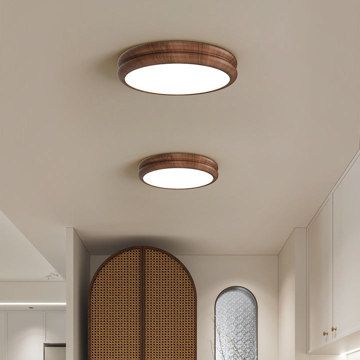 Plafonnier LED rond en fer acrylique rétro contemporain à grain de bois pour chambre 