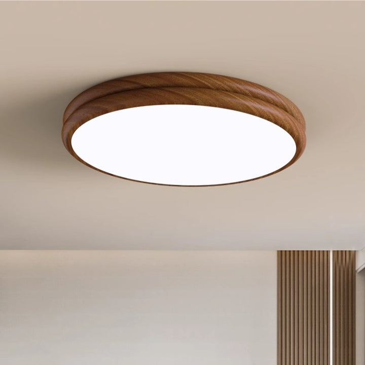 Plafonnier LED rond en fer acrylique rétro contemporain à grain de bois pour chambre 