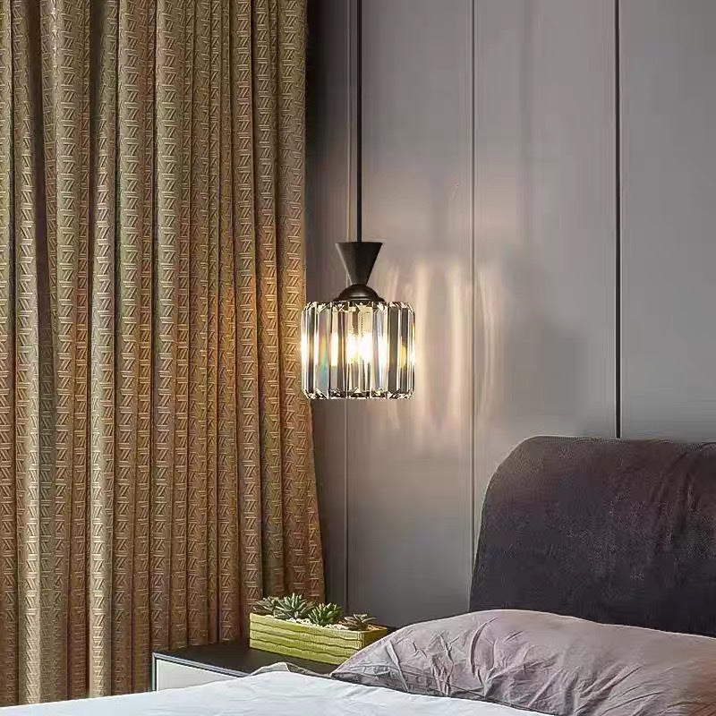 Lustre suspendu moderne en métal avec cristaux, rond, carré, cylindre, 1 lumière pour chevet 