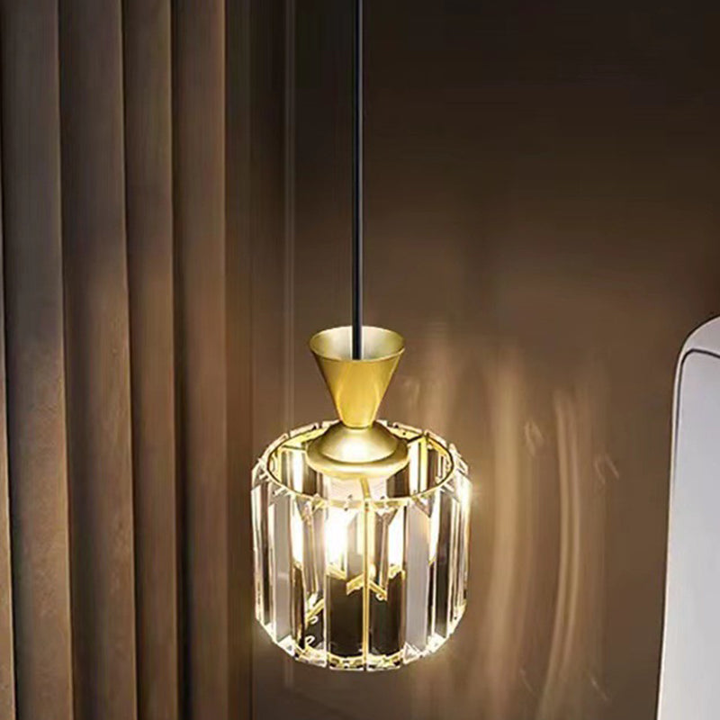Lustre suspendu moderne en métal avec cristaux, rond, carré, cylindre, 1 lumière pour chevet 