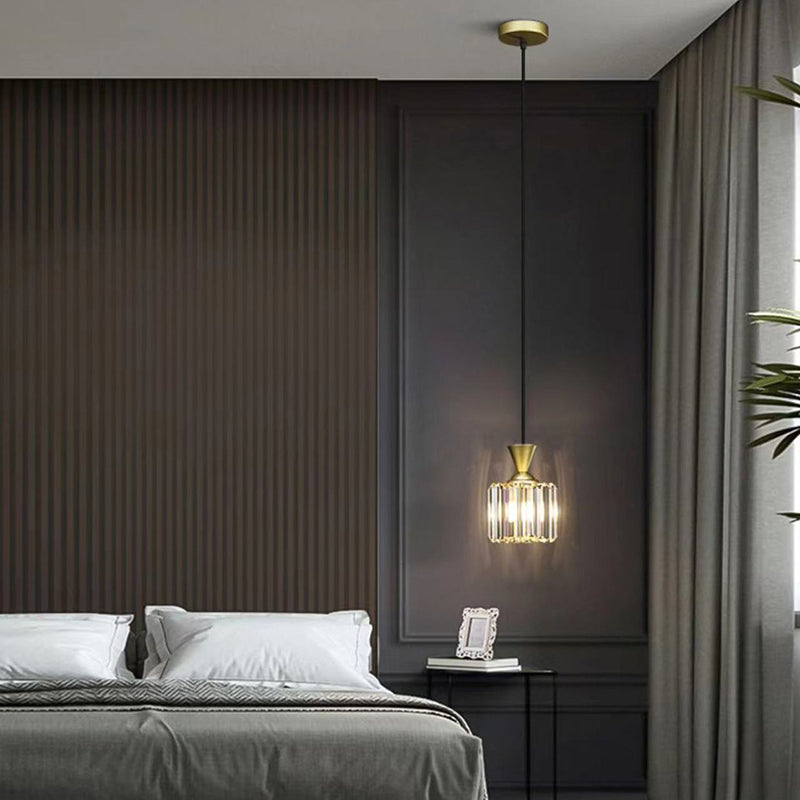 Lustre suspendu moderne en métal avec cristaux, rond, carré, cylindre, 1 lumière pour chevet 