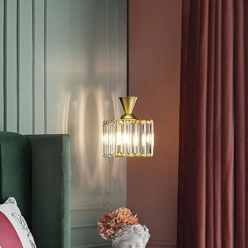 Lustre suspendu moderne en métal avec cristaux, rond, carré, cylindre, 1 lumière pour chevet 