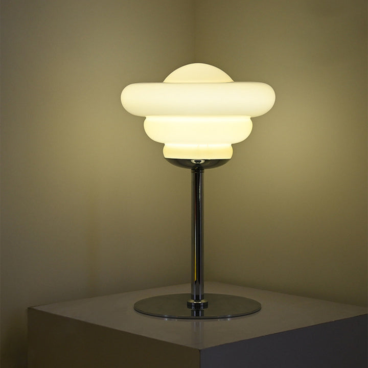 Lampe de table USB LED à tarte à la crème ronde en verre métallique scandinave contemporaine pour chevet 