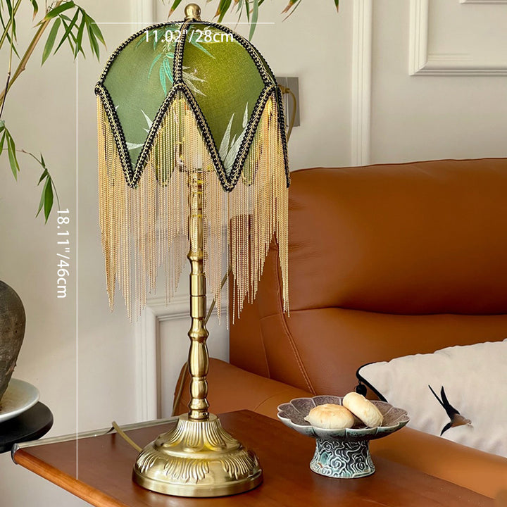 Lampe de table à 1 lumière avec abat-jour en tissu vintage traditionnel, frange en fer et feuille de bambou triangle pour chevet 