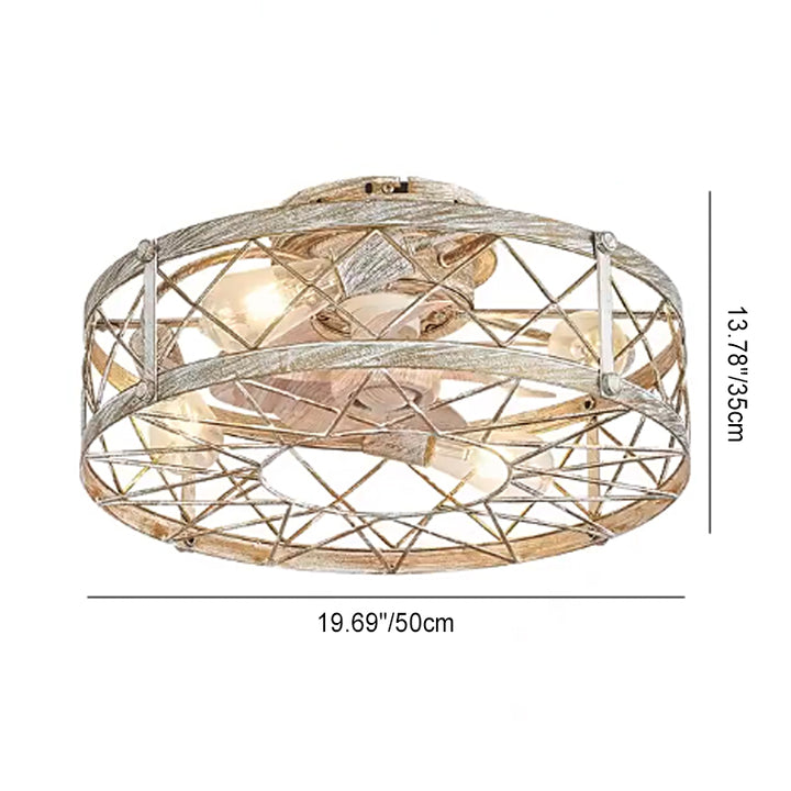 Ventilador de techo con luz contemporáneo industrial redondo con jaula de metal de 4 luces para sala de estar 
