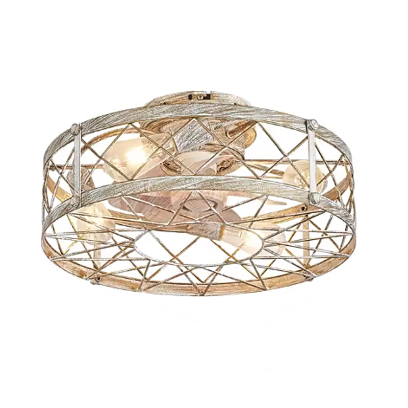 Ventilateur de plafond semi-affleurant à 4 lumières en métal avec cage ronde industrielle contemporaine pour salon 