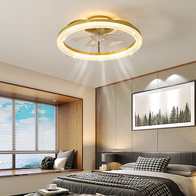 Ventilateur de plafond semi-encastré LED rond en acier inoxydable cristal de luxe moderne ABS pour salon 