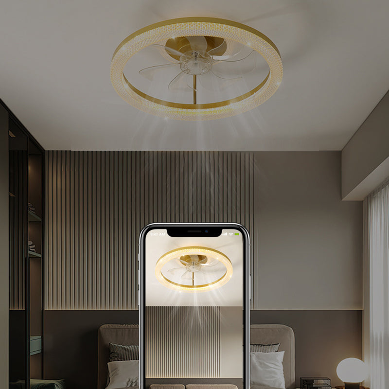 Ventilateur de plafond semi-encastré LED rond en acier inoxydable cristal de luxe moderne ABS pour salon 
