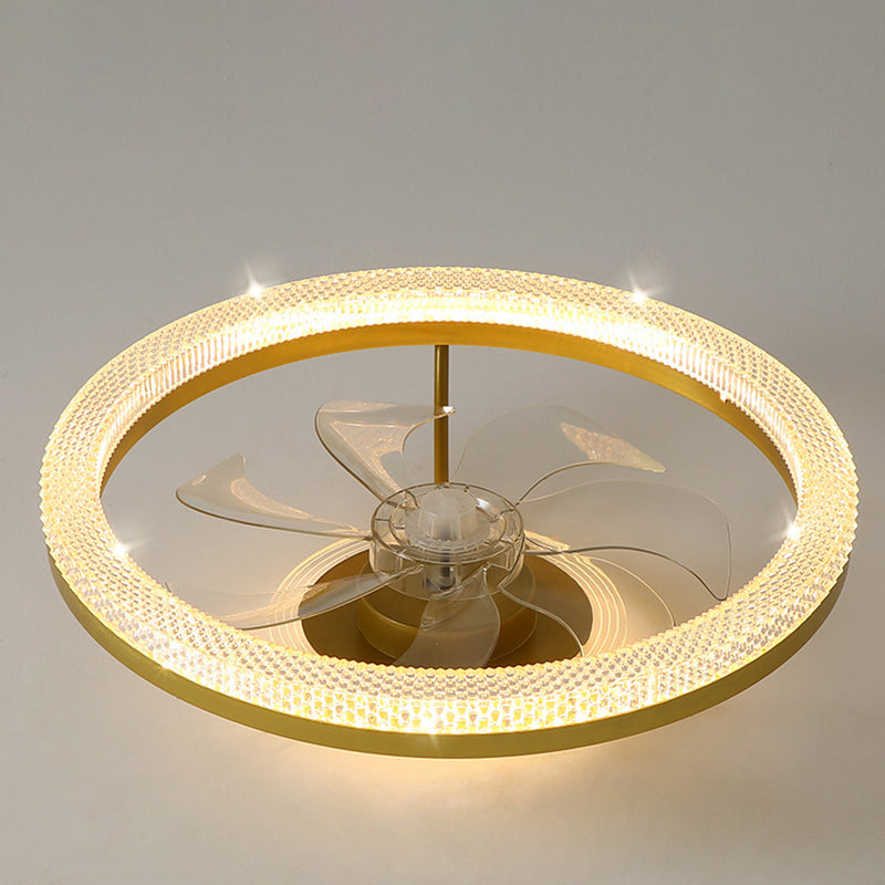 Ventilateur de plafond semi-encastré LED rond en acier inoxydable cristal de luxe moderne ABS pour salon 