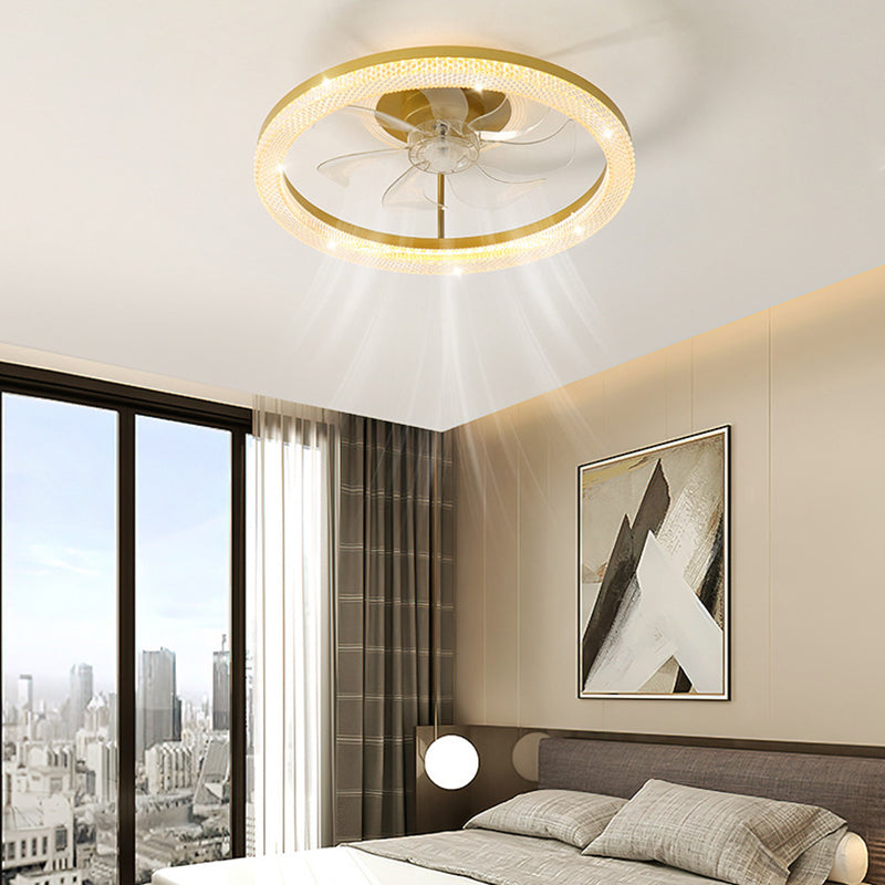 Ventilateur de plafond semi-encastré LED rond en acier inoxydable cristal de luxe moderne ABS pour salon 