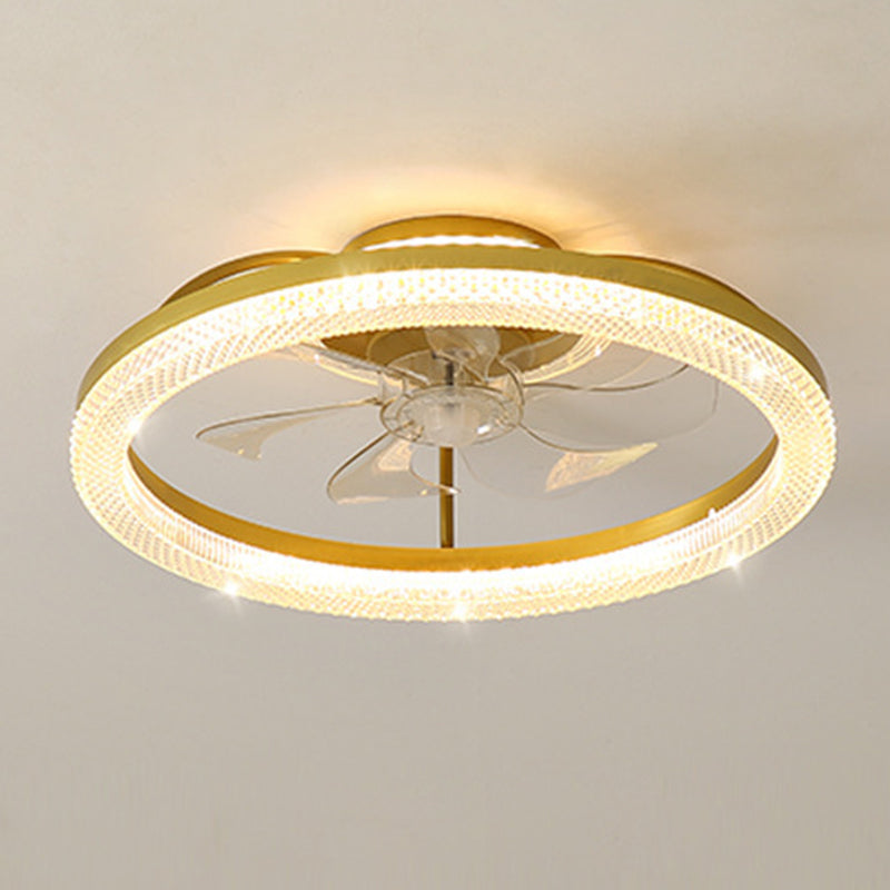 Ventilateur de plafond semi-encastré LED rond en acier inoxydable cristal de luxe moderne ABS pour salon 