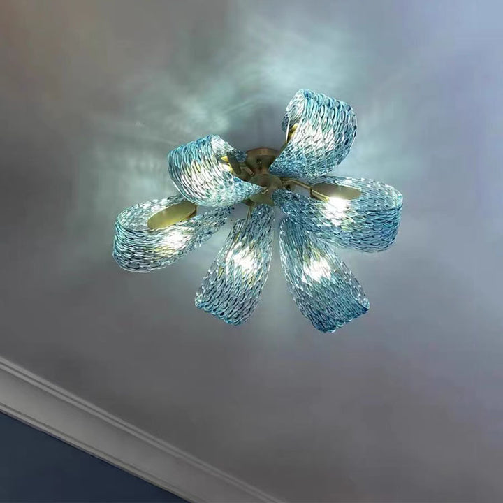 Moderne Luxus Kupfer Glas Flake Pfau 3/6/9 Licht Semi-Flush Mount Deckenleuchte für Wohnzimmer 