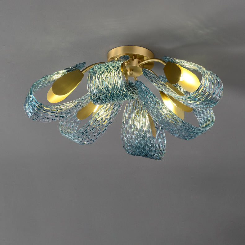 Moderne Luxus Kupfer Glas Flake Pfau 3/6/9 Licht Semi-Flush Mount Deckenleuchte für Wohnzimmer 