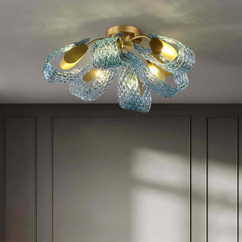 Moderne Luxus Kupfer Glas Flake Pfau 3/6/9 Licht Semi-Flush Mount Deckenleuchte für Wohnzimmer 