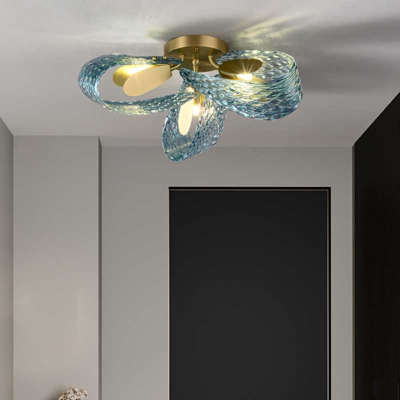 Moderne Luxus Kupfer Glas Flake Pfau 3/6/9 Licht Semi-Flush Mount Deckenleuchte für Wohnzimmer 