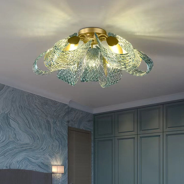 Moderne Luxus Kupfer Glas Flake Pfau 3/6/9 Licht Semi-Flush Mount Deckenleuchte für Wohnzimmer 