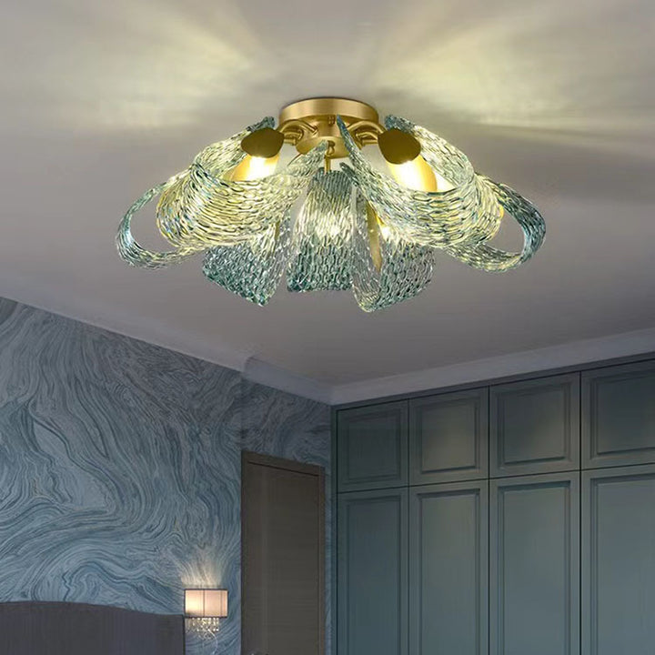 Moderne Luxus Kupfer Glas Flake Pfau 3/6/9 Licht Semi-Flush Mount Deckenleuchte für Wohnzimmer 