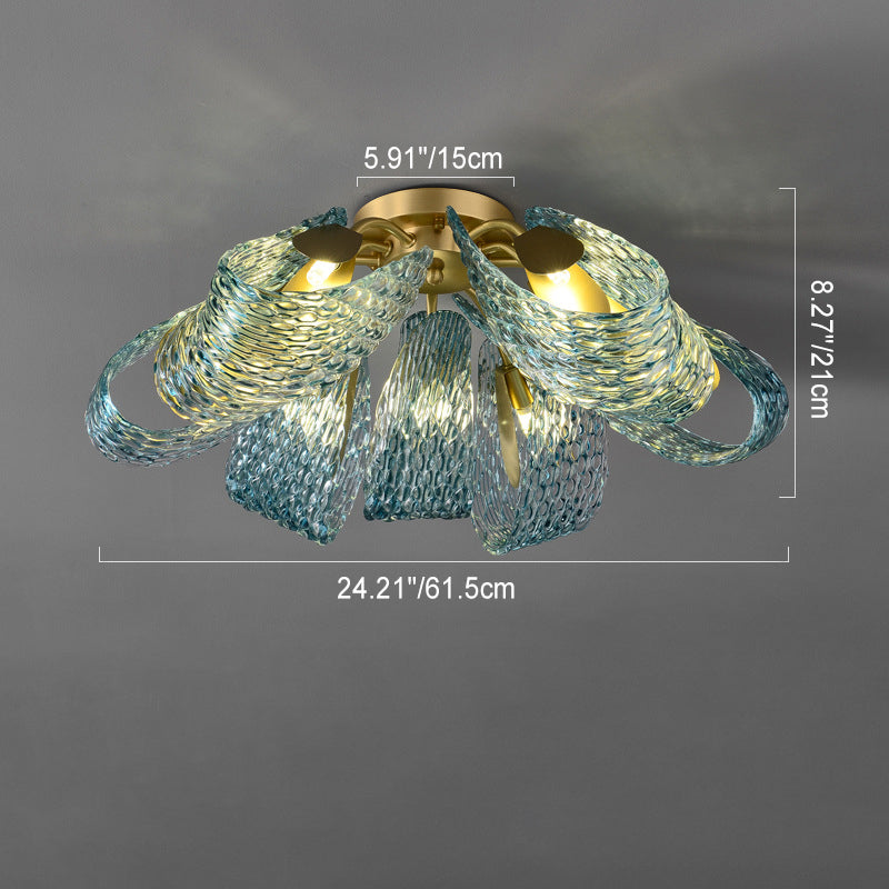 Moderne Luxus Kupfer Glas Flake Pfau 3/6/9 Licht Semi-Flush Mount Deckenleuchte für Wohnzimmer 
