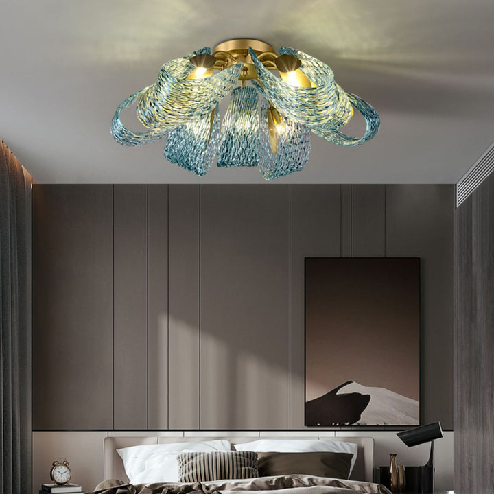 Moderne Luxus Kupfer Glas Flake Pfau 3/6/9 Licht Semi-Flush Mount Deckenleuchte für Wohnzimmer 