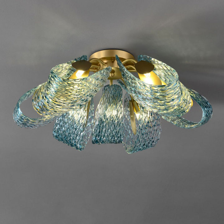 Moderne Luxus Kupfer Glas Flake Pfau 3/6/9 Licht Semi-Flush Mount Deckenleuchte für Wohnzimmer 