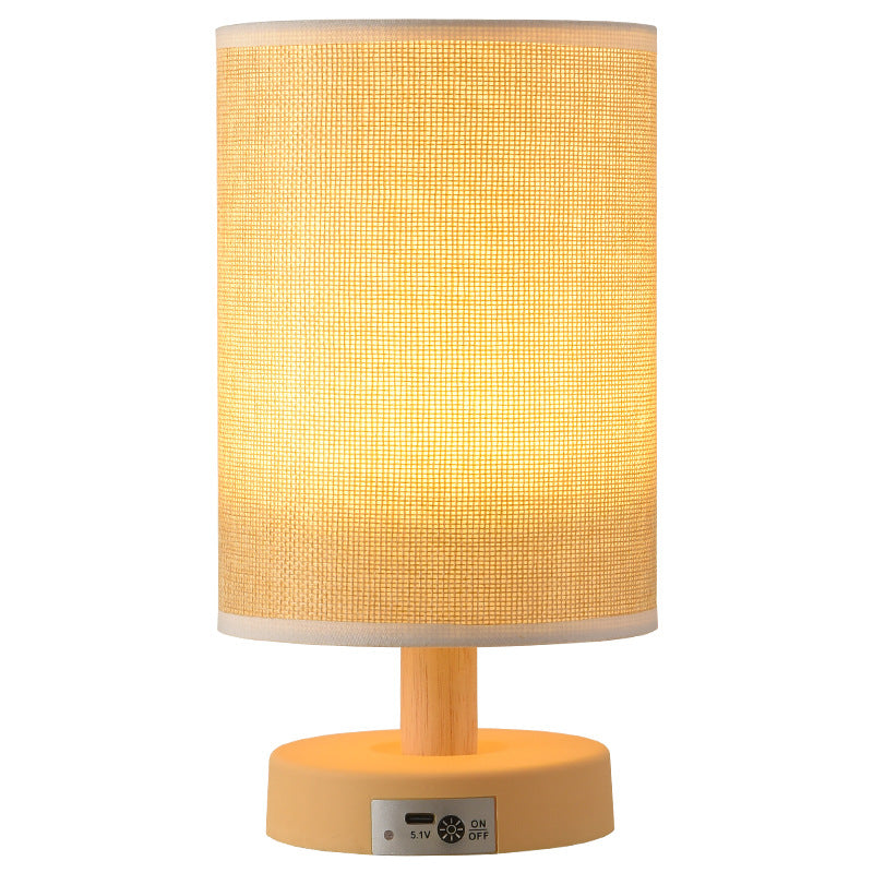 Lampe de table LED contemporaine nordique rechargeable en bois PP tissu cylindre maïs pour chevet 