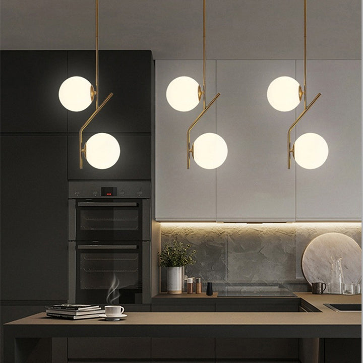 Moderne Mid-Century Eisen Glas Ball Zig Zag 2-Licht Pendelleuchte für Esszimmer 