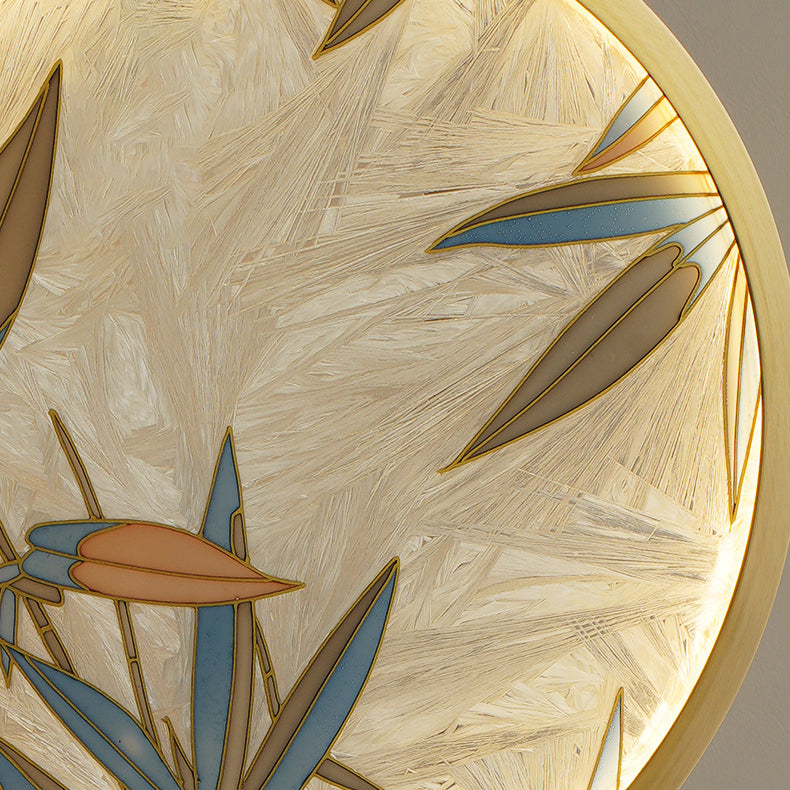 Traditionelle chinesische Messing-Marmor-Glasglasur, runde, handgefertigte LED-Stehlampe mit bemalten Bambusblättern, verstellbar für Wohnzimmer 