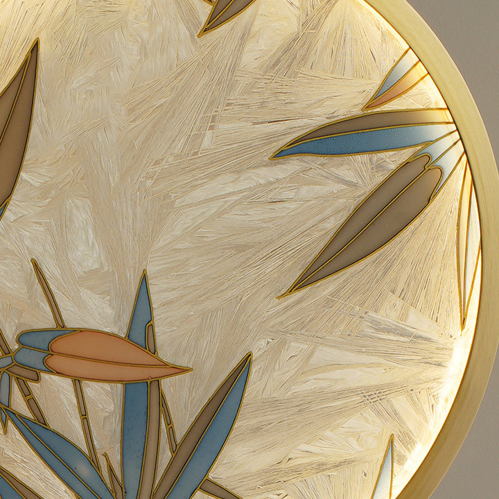 Traditionelle chinesische Messing-Marmor-Glasglasur, runde, handgefertigte LED-Stehlampe mit bemalten Bambusblättern, verstellbar für Wohnzimmer 