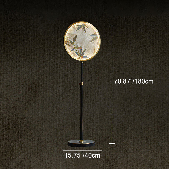 Traditionelle chinesische Messing-Marmor-Glasglasur, runde, handgefertigte LED-Stehlampe mit bemalten Bambusblättern, verstellbar für Wohnzimmer 