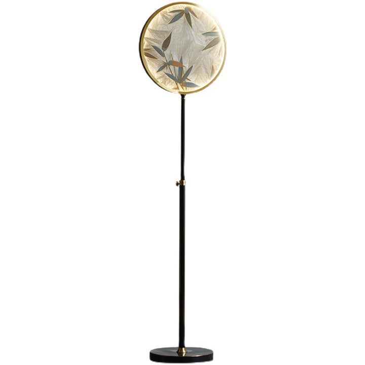 Traditionelle chinesische Messing-Marmor-Glasglasur, runde, handgefertigte LED-Stehlampe mit bemalten Bambusblättern, verstellbar für Wohnzimmer 