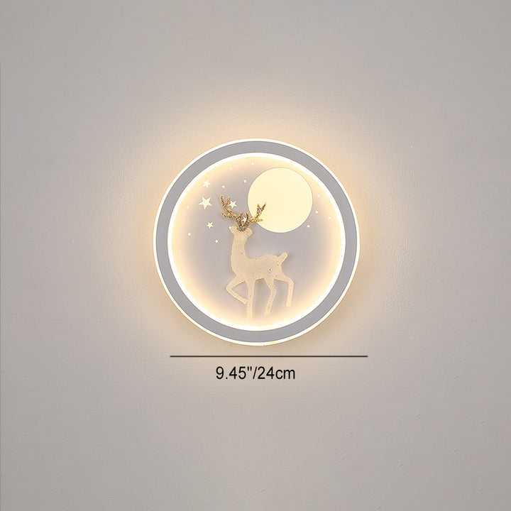 Aplique de pared LED contemporáneo nórdico de hierro acrílico sílice redondo luna ciervo árbol de pino para cabecera 