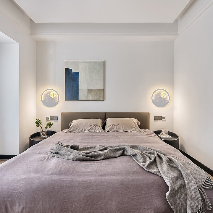 Aplique de pared LED contemporáneo nórdico de hierro acrílico sílice redondo luna ciervo árbol de pino para cabecera 