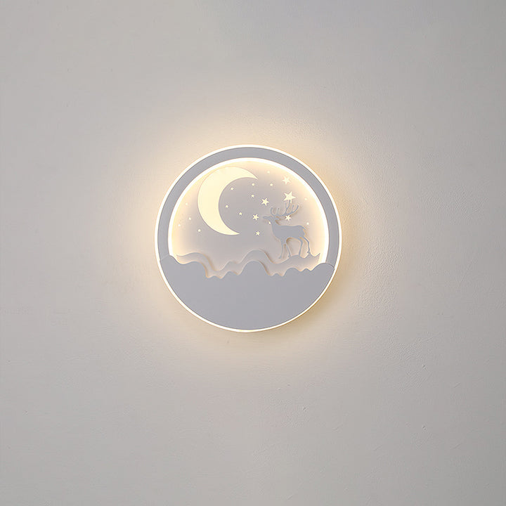 Aplique de pared LED contemporáneo nórdico de hierro acrílico sílice redondo luna ciervo árbol de pino para cabecera 