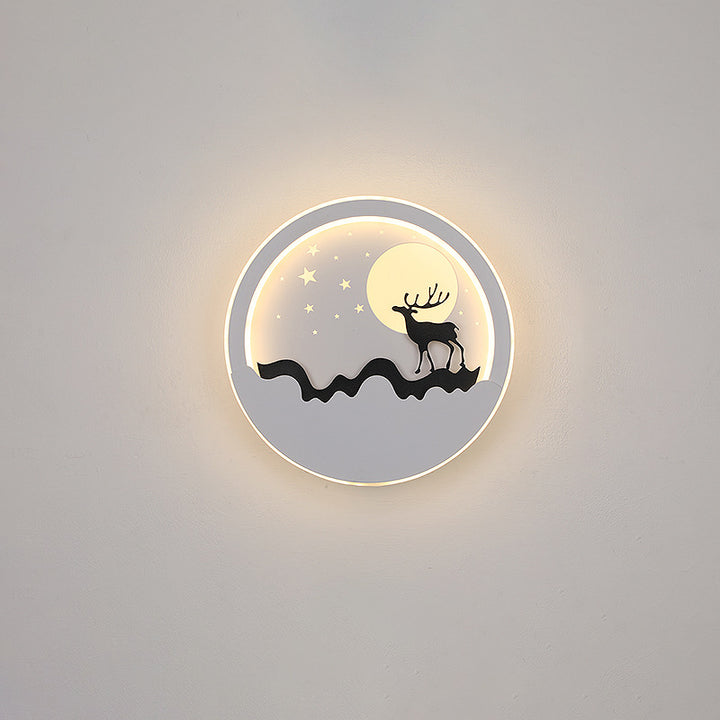 Aplique de pared LED contemporáneo nórdico de hierro acrílico sílice redondo luna ciervo árbol de pino para cabecera 