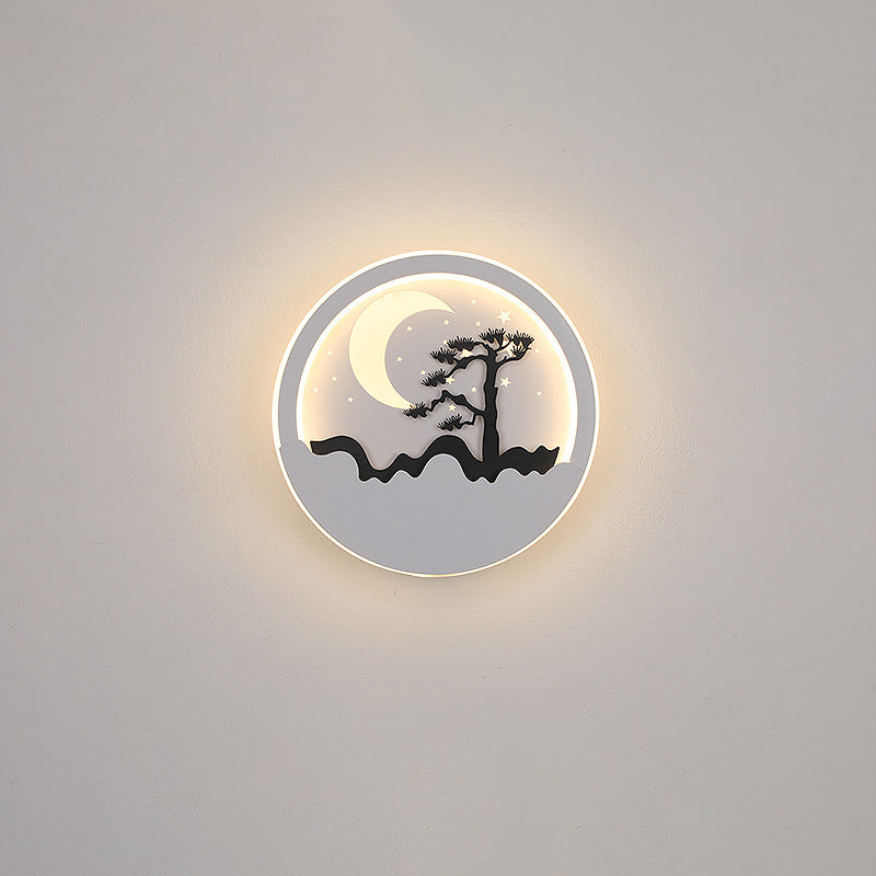 Aplique de pared LED contemporáneo nórdico de hierro acrílico sílice redondo luna ciervo árbol de pino para cabecera 