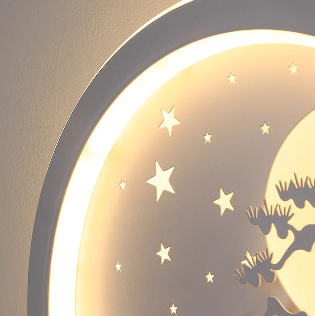 Aplique de pared LED contemporáneo nórdico de hierro acrílico sílice redondo luna ciervo árbol de pino para cabecera 