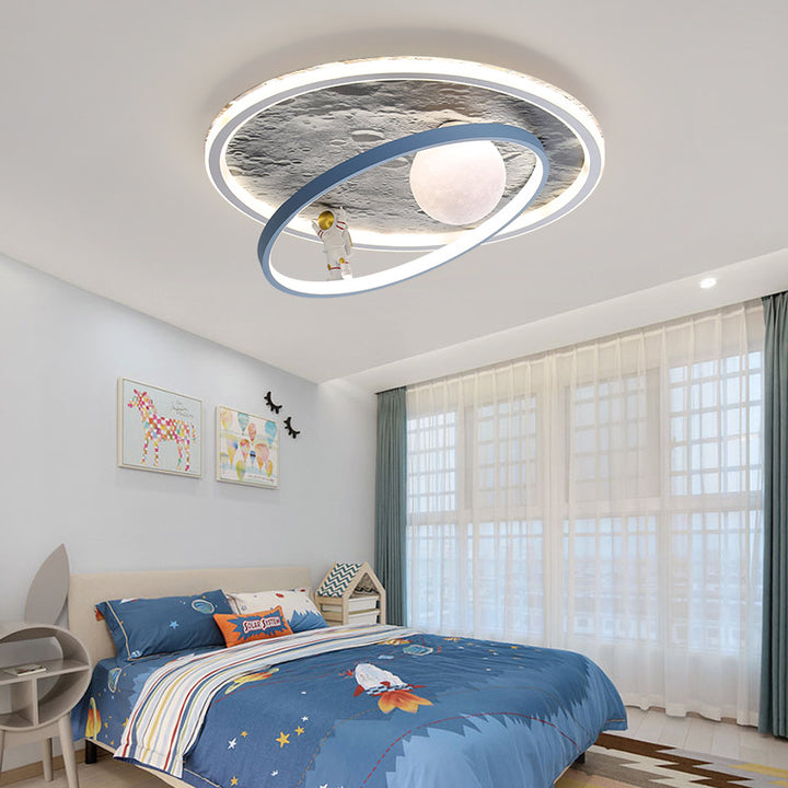 Contemporary Scandinavian Kids Iron Aluminum Resin Acrylic Round Moon Astronaut LED Flush Mount Ceiling Light For Bedroom