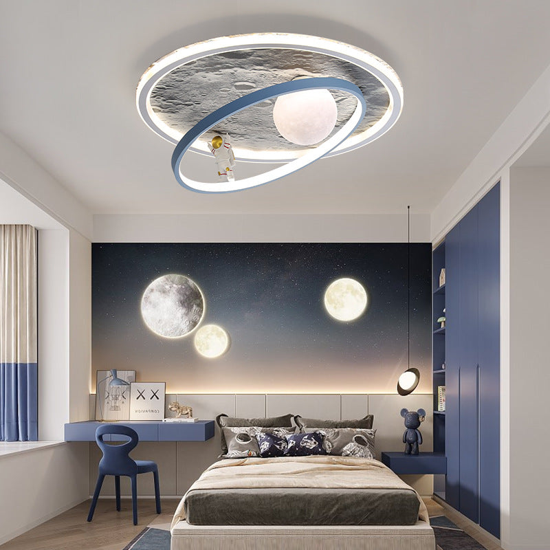 Plafonnier LED contemporain pour enfants scandinaves en fer aluminium résine acrylique rond avec astronaute et lune pour chambre 