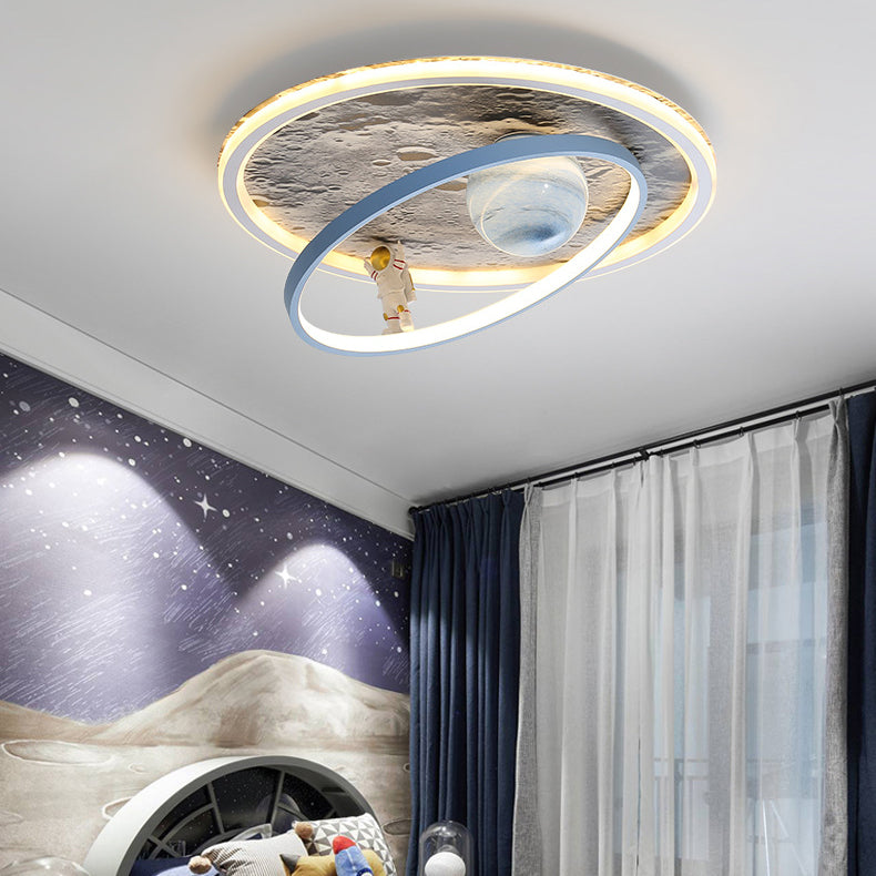 Plafonnier LED contemporain pour enfants scandinaves en fer aluminium résine acrylique rond avec astronaute et lune pour chambre 