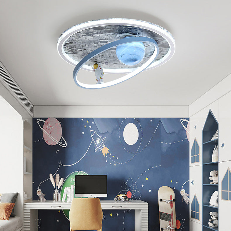 Plafonnier LED contemporain pour enfants scandinaves en fer aluminium résine acrylique rond avec astronaute et lune pour chambre 