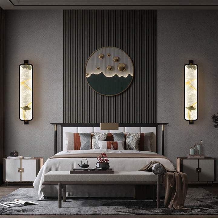 Aplique de pared LED de esmalte rectangular de hierro, latón y vidrio chino tradicional para mesita de noche 
