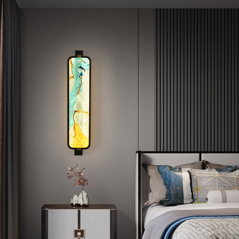Aplique de pared LED de esmalte rectangular de hierro, latón y vidrio chino tradicional para mesita de noche 